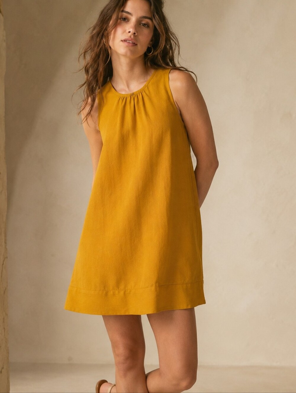 EVERY Ramie Sleeveless Trapeeze Mini Dress Women's Size Lg Yellow-gold